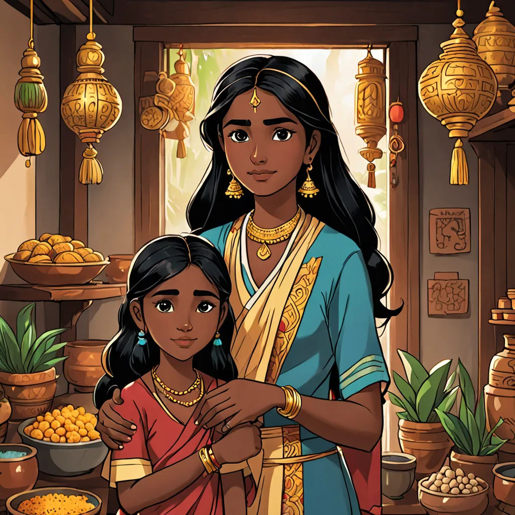 a woman and a girl standing in a room with food on the table and a potted plant in the corner, samikshavad, a storybook illustration, Ella Guru, comic cover art