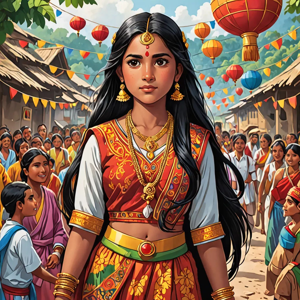 a painting of a woman in a colorful dress and headpieces in front of a crowd of people, fantasy art, a comic book panel, Ella Guru, comic cover art