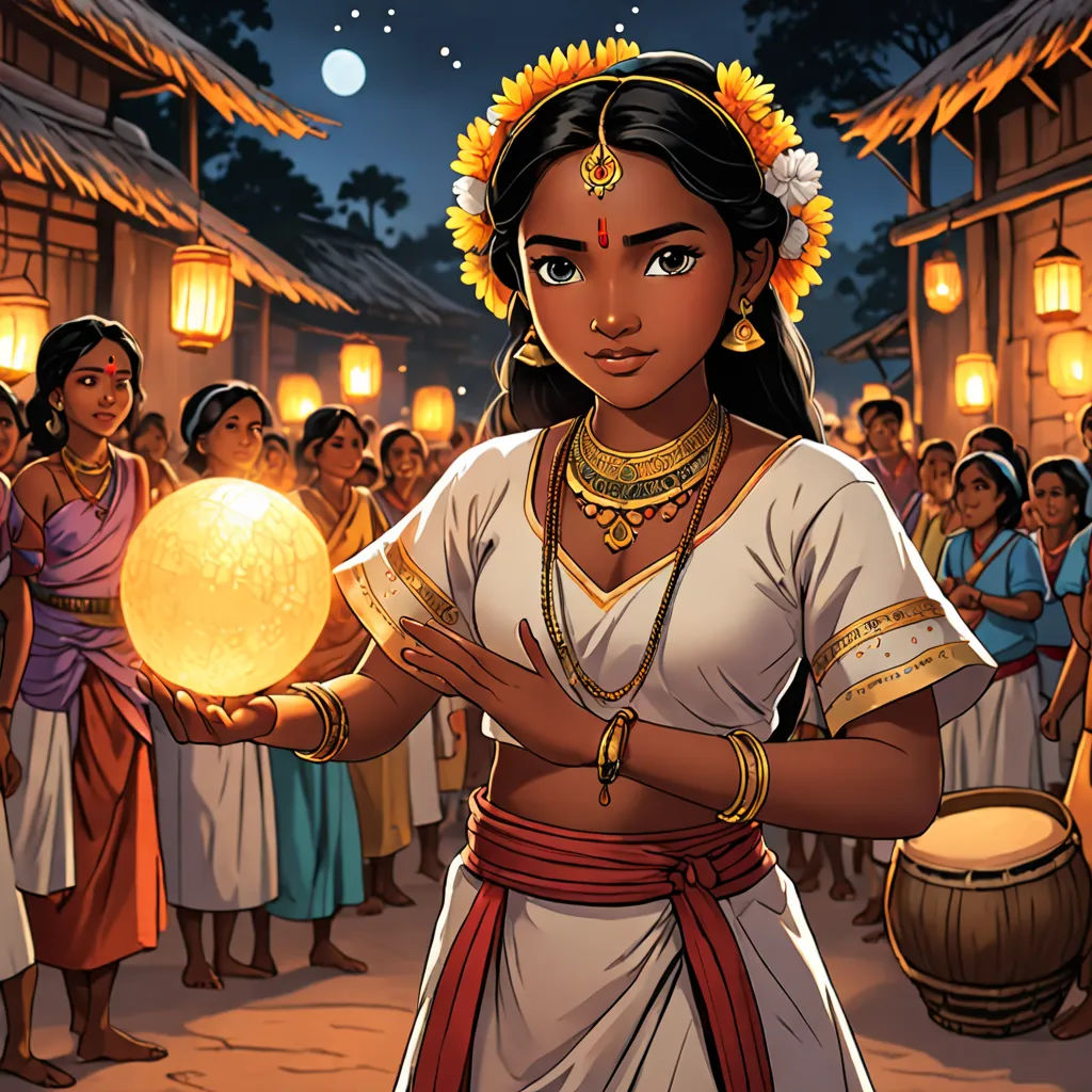 a woman holding a glowing ball in her hands in front of a crowd of people in a village at night, fantasy art, a comic book panel, Ella Guru, comic cover art