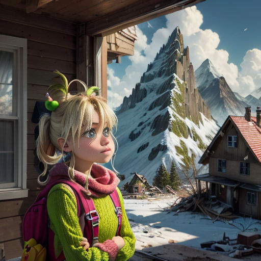 a girl with a backpack standing in front of a mountain house with a snow covered mountain in the background