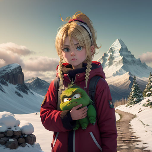 a girl holding a stuffed animal in the snow with mountains in the background and a snow covered mountain in the background