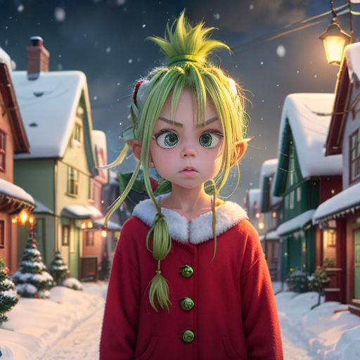 a cartoon character with green hair and a red coat in a snowy town with houses and a street light