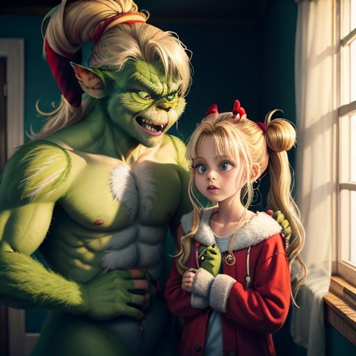 a girl and a monster are standing next to each other in a room with a window and a window sill
