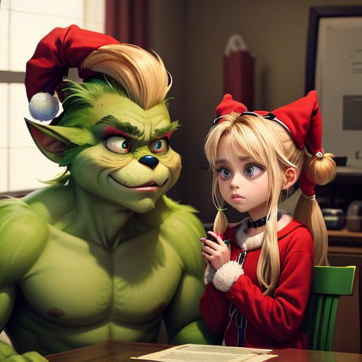 a girl and a grinch are sitting at a table together in a room with a computer monitor and a desk