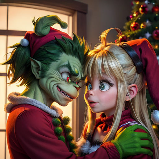 a couple of people that are standing in front of a christmas tree with a grin face on it's face