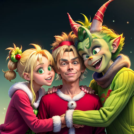 a group of people standing next to each other wearing costumes and masks on their heads and shoulders, with a green background