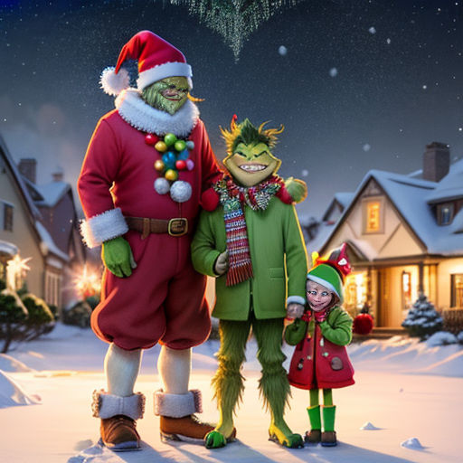a christmas scene with a man and two children dressed as grinen and the grinen man and the girl dressed as santa