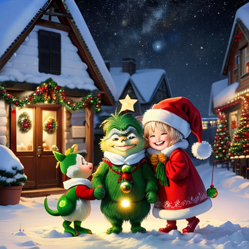 a couple of cartoon characters standing in the snow next to a christmas tree and a house with lights on