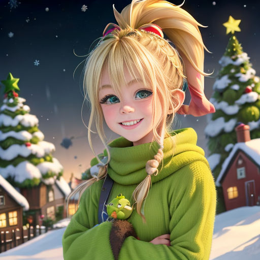 a cartoon girl with blonde hair and a pigtails in a green sweater standing in front of a snowy village