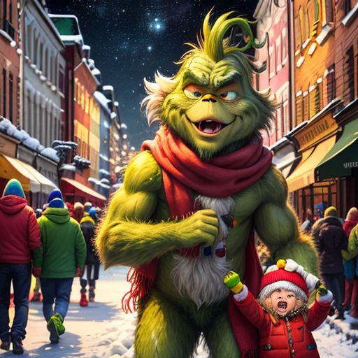 a cartoon character holding a child in a snowy street with a christmas tree in the background and a star in the sky