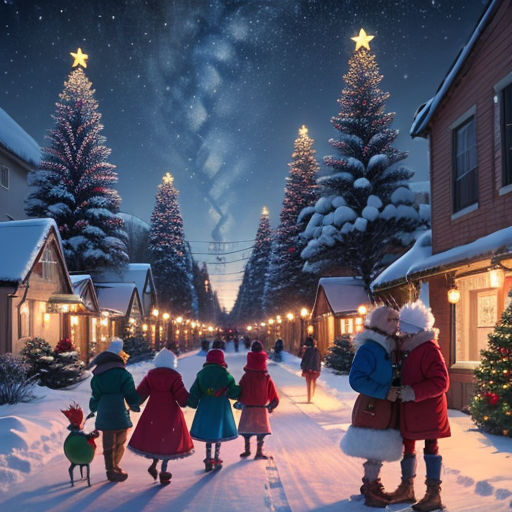 a group of people walking down a snow covered street next to a christmas tree filled with lights and presents