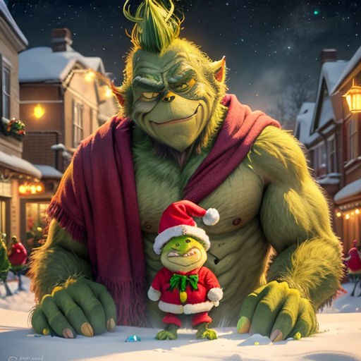 a cartoon character holding a small child in a christmas scene with a street scene in the background and a christmas tree