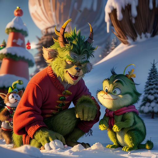 a cartoon character with a cat and a dog in the snow with a christmas tree in the background and a snowman in the foreground