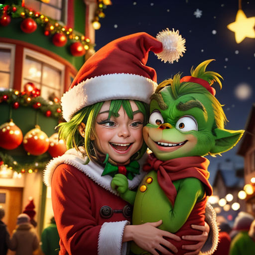 a woman hugging a grin face in front of a christmas tree with lights on it and a building in the background