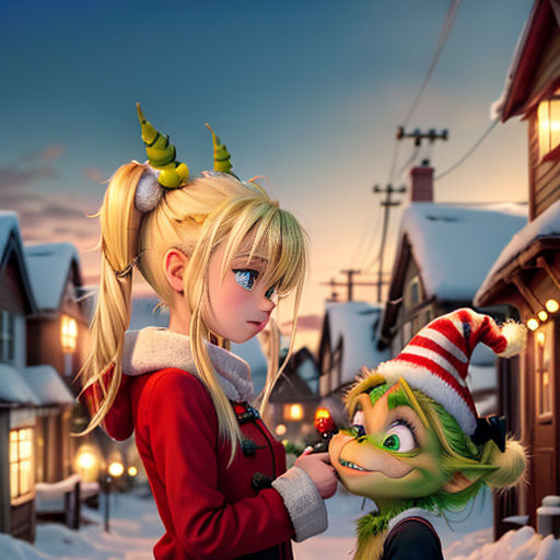 a cartoon girl and a grin face each other in the snow in front of a small town with a street light