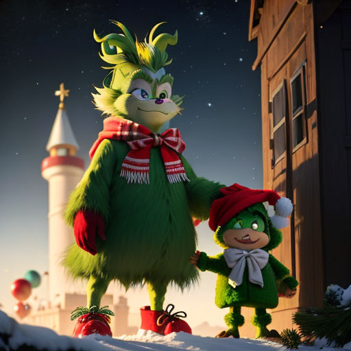 a couple of green cartoon characters standing next to each other in the snow with a castle in the background