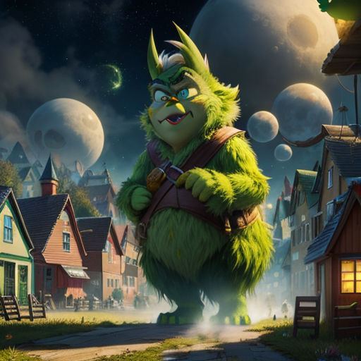a cartoon character is standing in front of a town at night with a full moon in the background and a green monster