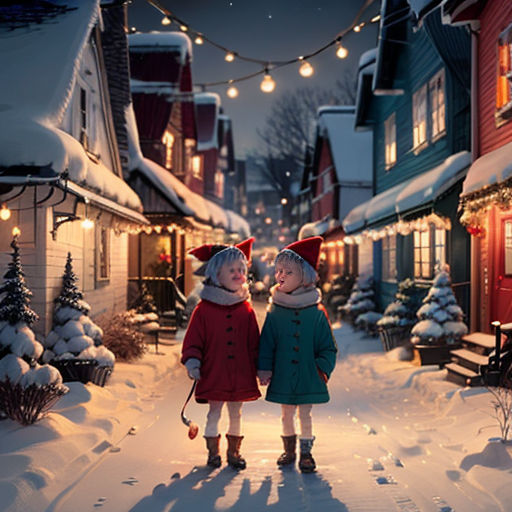two children are standing in the snow in front of a christmas village with lights and decorations on the houses