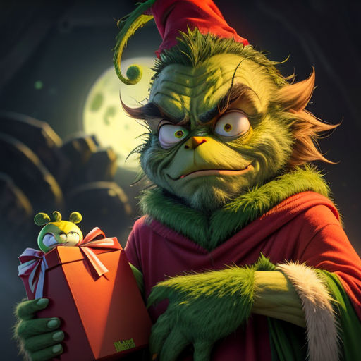 a green monster holding a red present box in front of a full moon background with a green creature holding a red box