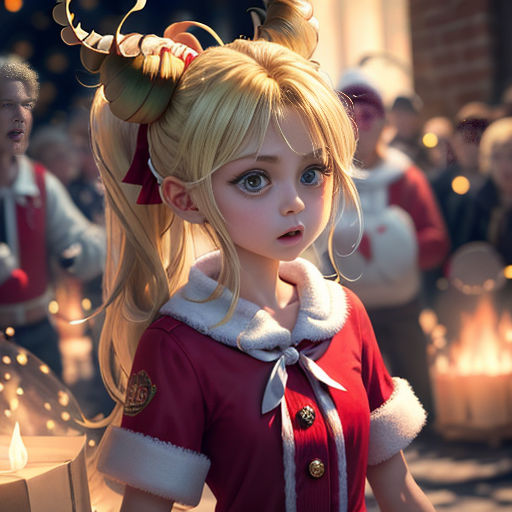 a girl with a ponytail and a red dress is standing in front of a crowd of people in costume