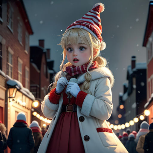 a little girl in a red dress and a white coat and a red and white hat and scarf and a red and white scarf