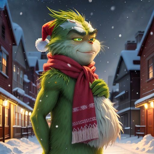 a cartoon character dressed in a christmas outfit in the snow with a scarf around his neck and a hat on