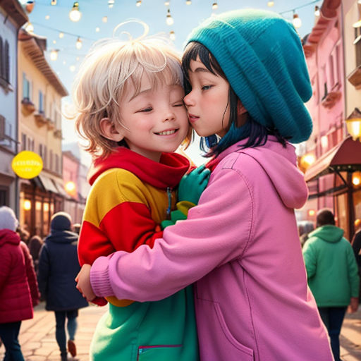 two children are hugging each other in a city street with people walking around and lights strung overhead above them