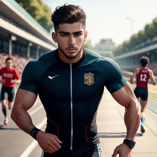 a man in a green shirt is running on a track with other men in red shirts behind him and a man in a red shirt is running behind him