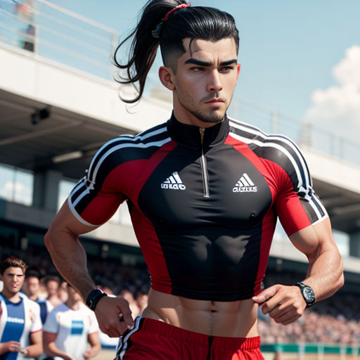 a man with a ponytail is running in a track suit with other men in the background behind him and a stadium