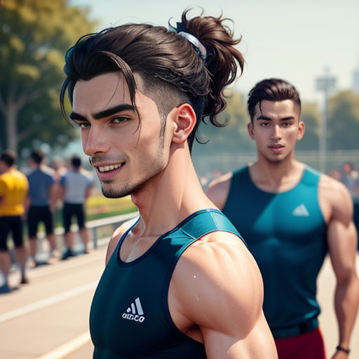 a man with a ponytail standing next to another man in a green tank top and red shorts, with a ponytail in his hair