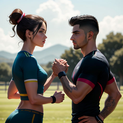 a man and a woman standing next to each other in a field of grass and trees, with mountains in the background