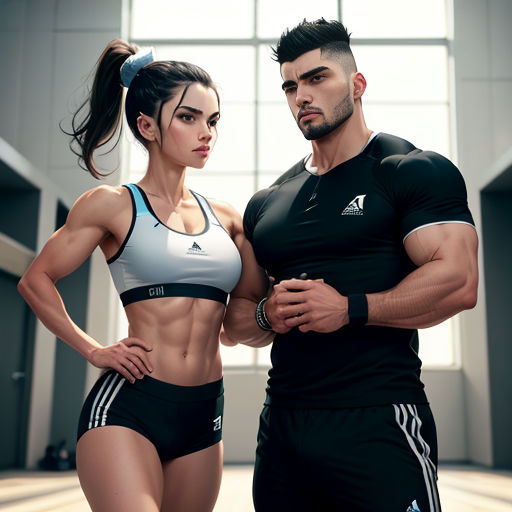 a man and a woman posing for a picture in a gym room with a window behind them and a gym ball in the foreground
