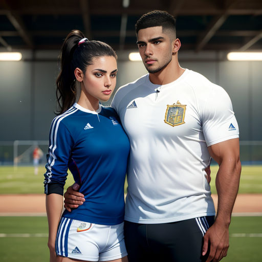 a man and a woman standing next to each other on a soccer field with a ball in the air