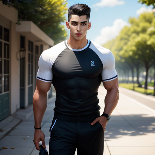 a man in a black and white shirt and shorts standing on a sidewalk with his hands in his pockets