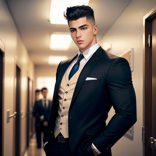 a man in a suit standing in a hallway with his hands on his hips and his hands on his hips