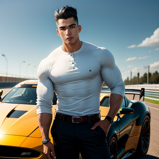a man standing next to a yellow sports car on a track with a sky background and clouds in the background