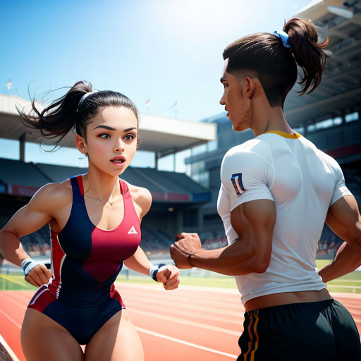 a man and a woman running on a track in a stadium with a sky background and a stadium with a sun shining