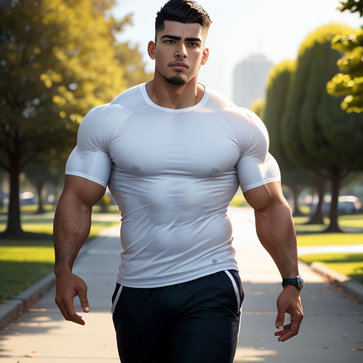 a man in a white shirt and black pants is walking down a sidewalk with trees in the background and a city in the distance