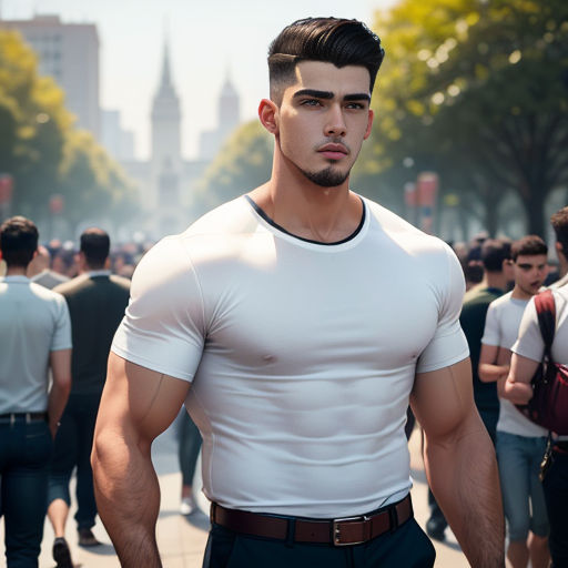 a man in a white shirt and black pants standing in a crowd of people with a city in the background