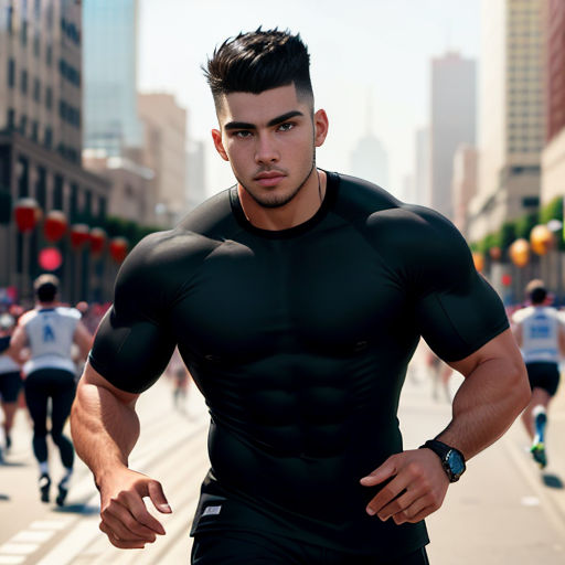 a man in a black shirt and shorts running down a street with other people in the background and buildings