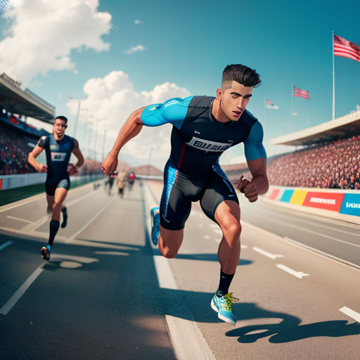 two men running on a track in a stadium with a flag in the background and a stadium full of spectators