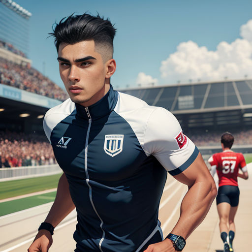 a man in a uniform is running on a track with a crowd in the background and a stadium full of people