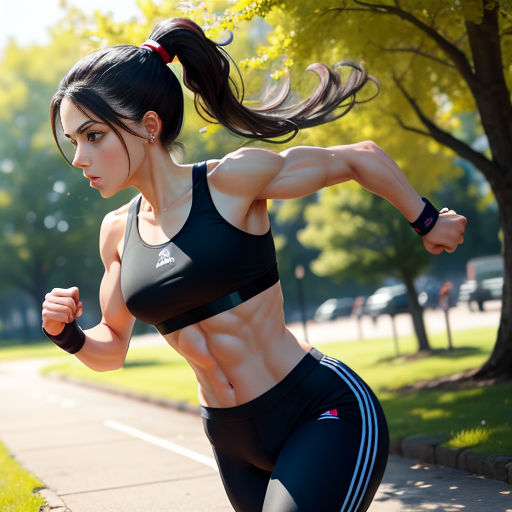 a woman running down a sidewalk in a sports bra top and leggings with her arms stretched out