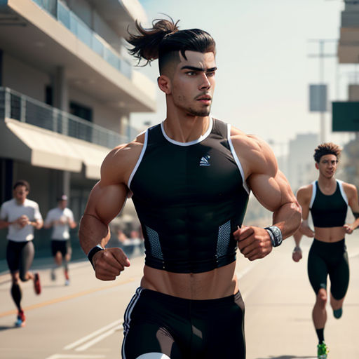 a man running on a street with other men running behind him in a city setting with tall buildings and tall buildings