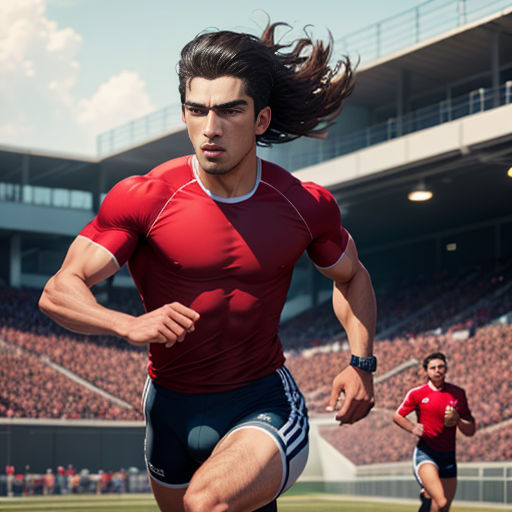 a man running on a field with a stadium in the background and a stadium full of people in the background