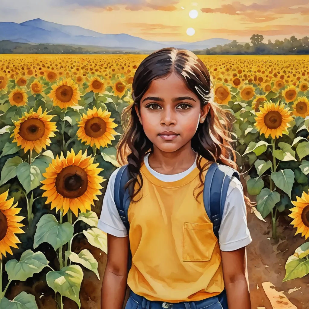 a painting of a girl standing in a field of sunflowers with a mountain in the background and a sunset, photorealism, a photorealistic painting, Brad Kunkle, highly detailed digital painting