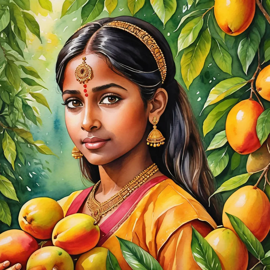 a painting of a woman holding a bunch of fruit in her hands and a tree in the background with oranges, figurative art, a detailed painting, Ella Guru, detailed painting