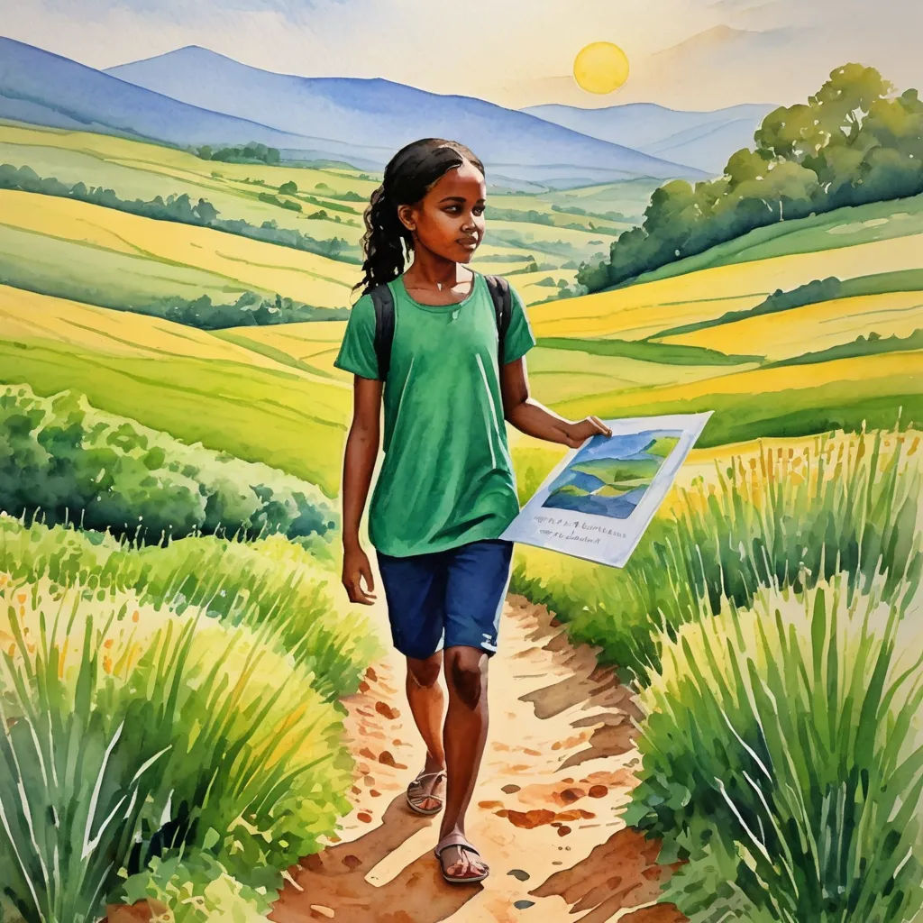 a painting of a girl walking down a dirt road holding a map in her hand and a mountain in the background, figurative art, a storybook illustration, Carol Sutton, jayison devadas