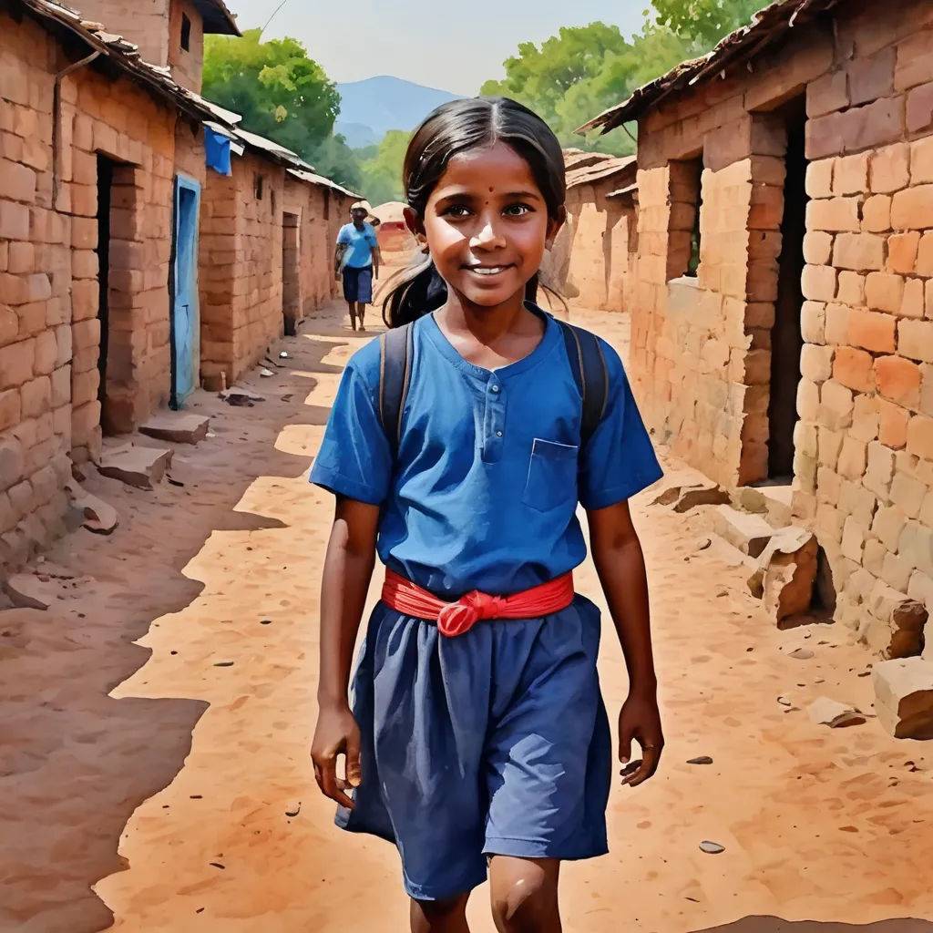 a young girl walking down a dirt road next to brick buildings and a forest in the background with a blue sky, danube school, a poster, Ella Guru, award-winning photograph