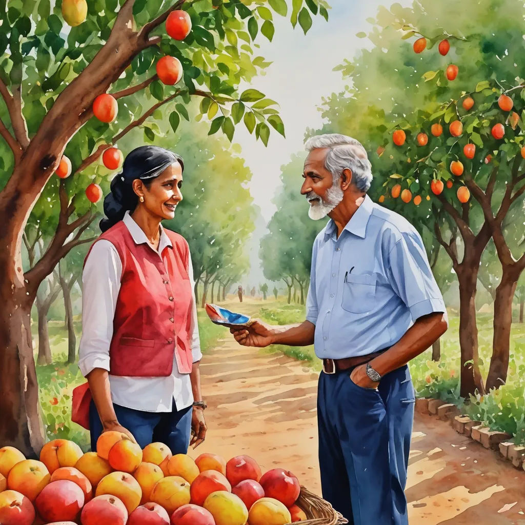 a painting of a man handing a woman a piece of fruit from a basket in a fruit stand with oranges, american scene painting, a detailed painting, Bhupen Khakhar, official art